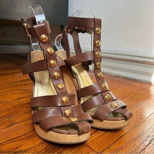 Kors Michael Kors High Heel Platform Sandals Datk Brown Leather Studded, sz 7.5